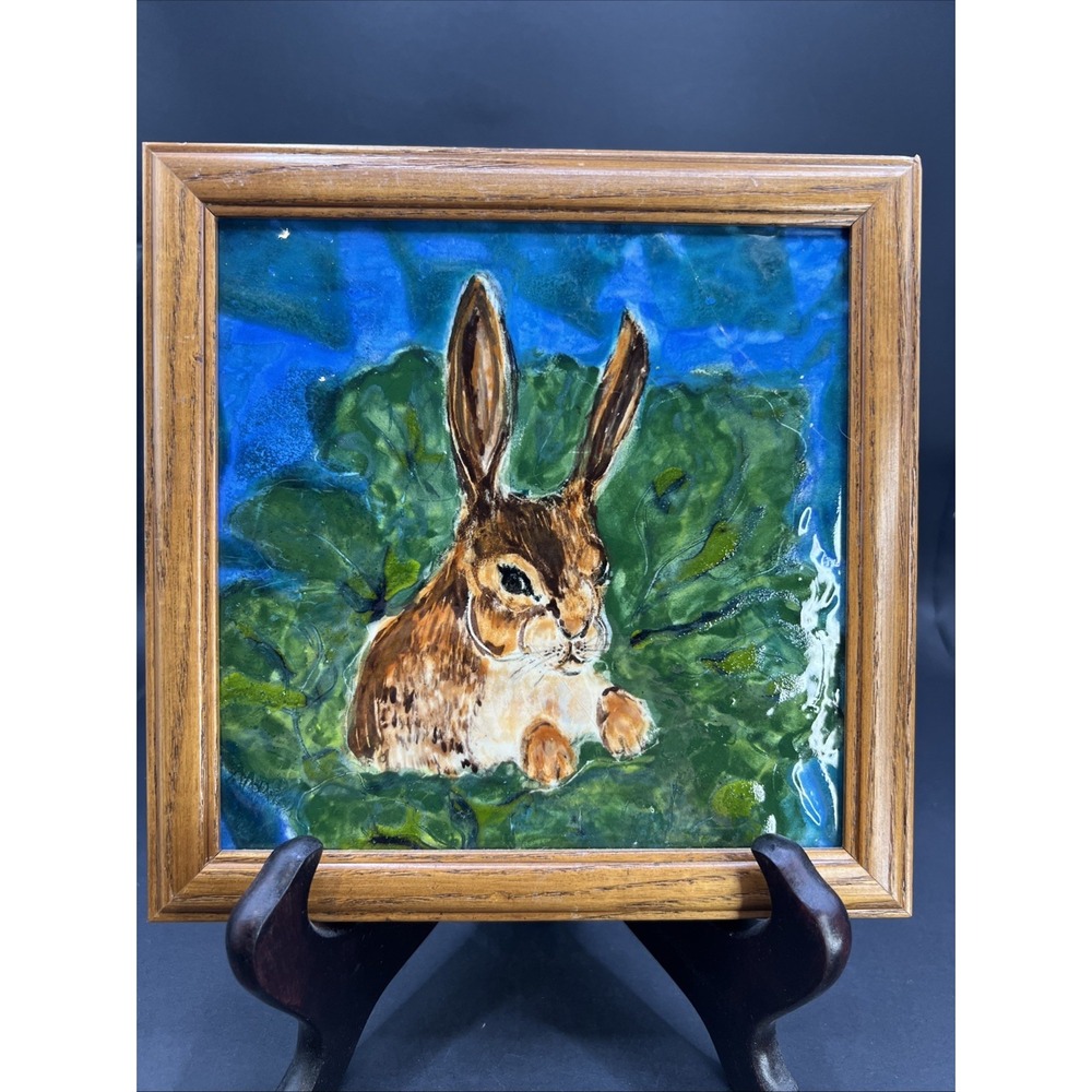 Vintage MK Stoffa Framed Ceramic Art Tile Rabbit Hare Fernandina Beach FL Potter